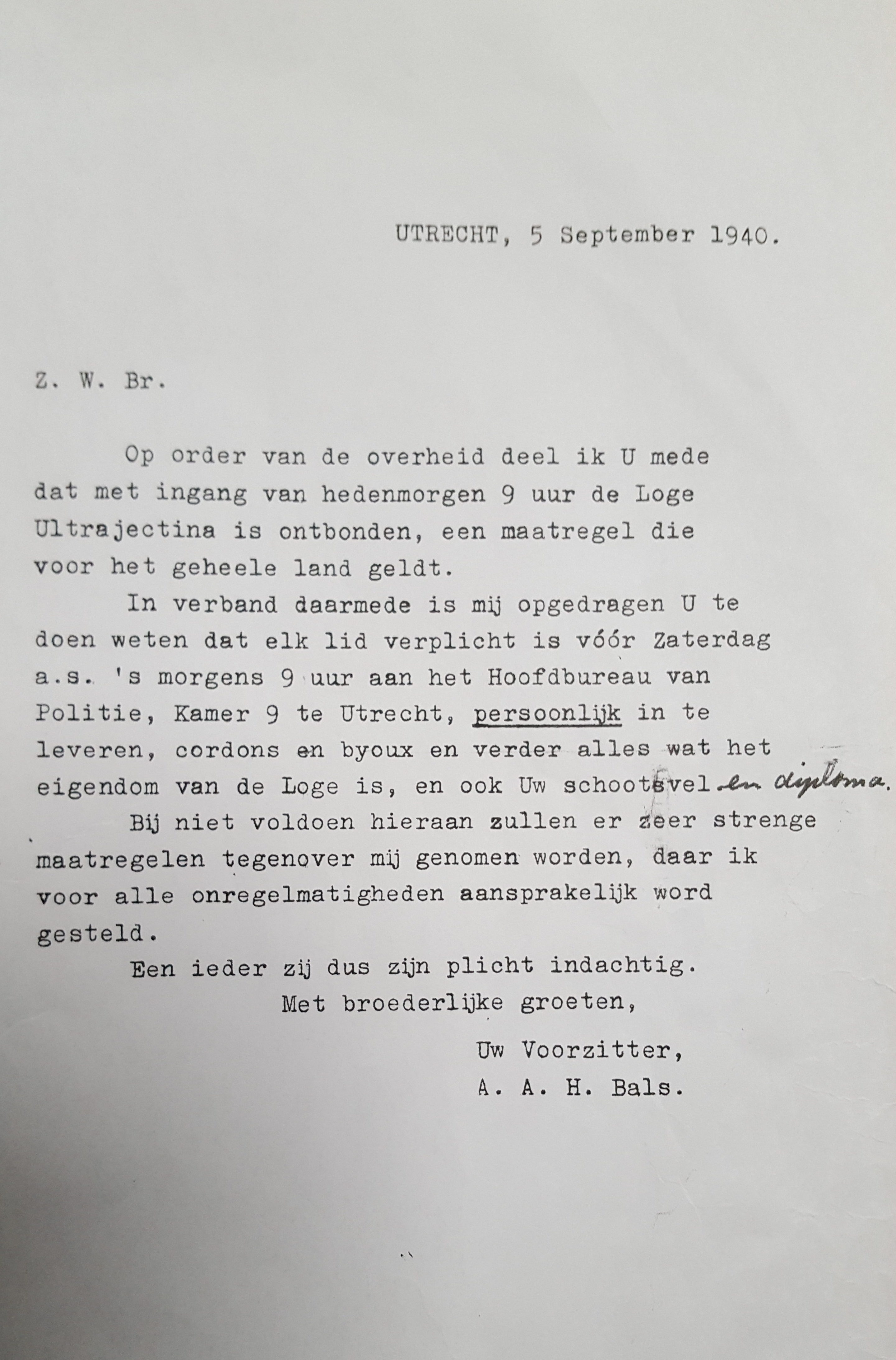 brief ontbinding Loge Ultrajectina1940